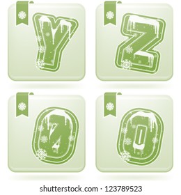 Custom made Winter and Christmas style (drawn from the scratch) green digits and capital letters icons set: Y, Z, 0, 9.