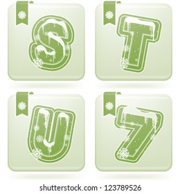 Custom made Winter and Christmas style (drawn from the scratch) green digits and capital letters icons set: S, T, U, 7.