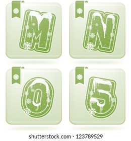 Custom made Winter and Christmas style (drawn from the scratch) green digits and capital letters icons set: M, N, O, 5.