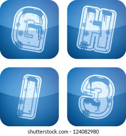 Custom made Winter and Christmas style (drawn from the scratch) blue digits and capital letters icons set: G, H, I, 3.