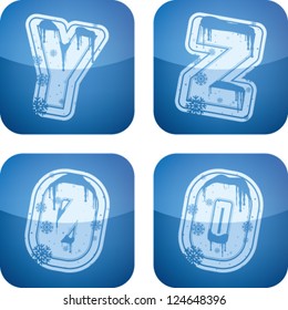 Custom made Winter and Christmas style (drawn from the scratch) blue digits and capital letters icons set: Y, Z, 0, 9.