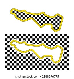 Custom made yellow race track circuit with different black and white start and finish flag patterns