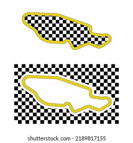 Custom made yellow race track circuit with different black and white start and finish flag patterns inside and outside
