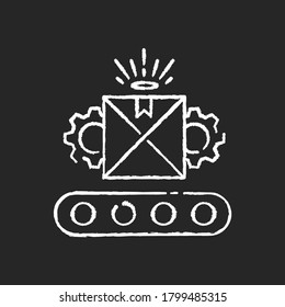 Custom manufacturing chalk white icon on black background. Flexible and adjustable industrial production process. Customizable product on conveyor belt isolated vector chalkboard illustration