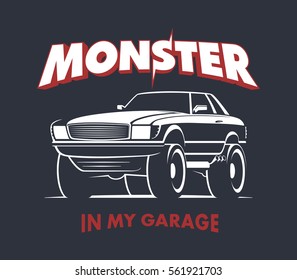 Custom Monster Truck Coupe vector illustration. Off Road Car sign