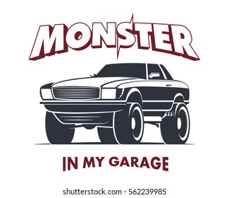 Custom Monster Truck Coupe vector illustration. Off Road Car sign