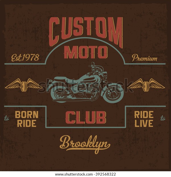 Custom\
motoclub label with hand drawn motorcycle in the center and phrase\
\