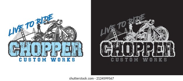 Custom motorbike vintage monochrome badge with motorcycle on dark and light backgrounds isolated vector illustration