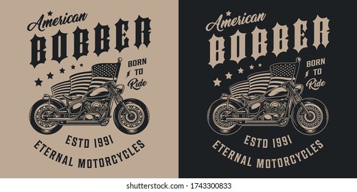 Custom motorbike vintage monochrome emblem with bobber motorcycle and american flag isolated vector illustration