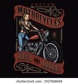 Custom motorcycle colorful vintage print with beautiful woman with long hair and classic motorbike isolated vector illustration