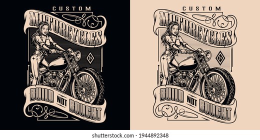 Custom motorcycle elegant vintage label with inscriptions attractive biker girl and motorbike on dark and light backgrounds isolated vector illustration