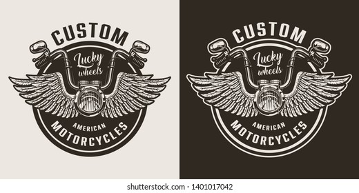 Custom motorcycle emblem with winged motorcycle steering wheel in vintage monochrome style isolated vector illustration