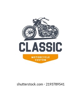 Custom motorcycle label in vintage style with inscription and motorbike. motorcycle or bike club with white background isolated vector illustration logo design template