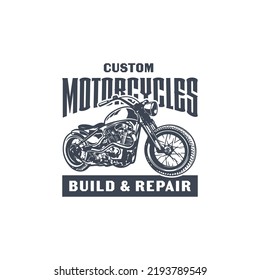 Custom motorcycle label in vintage style with inscription and motorbike. motorcycle or bike club with white background isolated vector illustration logo design template