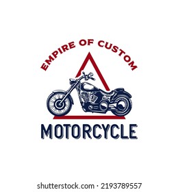 Custom motorcycle label in vintage style with inscription and motorbike with white background isolated vector illustration logo design template