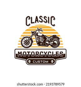 Custom motorcycle label in vintage style with inscription and motorbike with white background isolated vector illustration logo design template