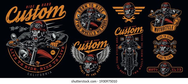 Custom motorcycle labels set with angry gorilla motorcyclist monkey head in moto helmet and eagle wings wrenches in vintage style isolated vector illustration