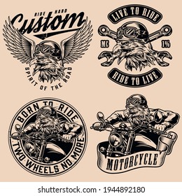 Custom motorcycle monochrome designs in vintage style with letterings crossed spanners aggressive eagle bikers in moto helmet and goggles isolated vector illustration