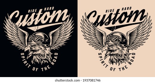 Custom motorcycle monochrome emblem in vintage style with letterings and angry eagle head in goggles and winged biker helmet isolated vector illustration