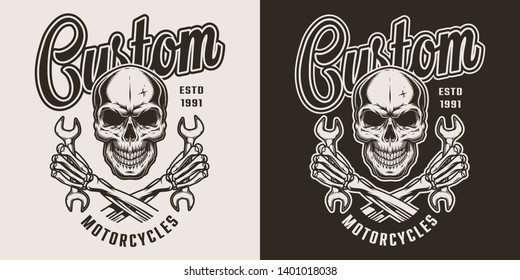 Custom motorcycle monochrome label with skull and crossed skeleton hands holding wrenches in vintage style isolated vector illustration