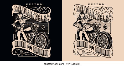 Custom motorcycle print with attractive winking woman in uniform holding wrench and standing near motorbike in vintage monochrome style isolated vector illustration