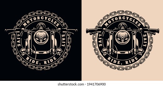 Custom motorcycle round vintage badge with metal chain and front view of classic motorbike in monochrome style isolated vector illustration