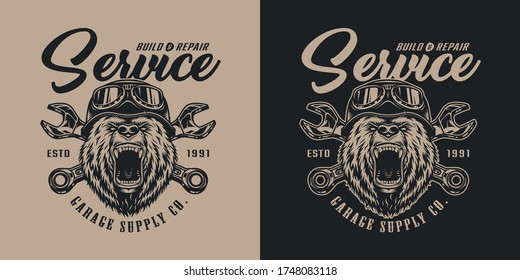 Custom motorcycle service vintage emblem with crossed wrenches and angry bear head in biker helmet and goggles isolated vector illustration
