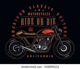 Custom motorcycle vintage badge with inscriptions and classic motorbike on dark background isolated vector illustration