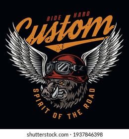 Custom motorcycle vintage colorful badge with aggressive wild boar head in winged moto helmet and goggles isolated vector illustration