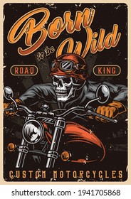 Custom motorcycle vintage colorful poster with skeleton biker in helmet goggles and jacket riding motorbike vector illustration