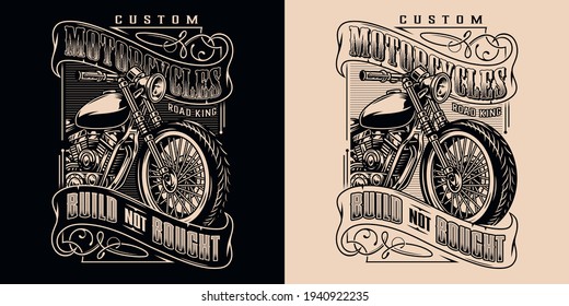 Custom motorcycle vintage elegant design with letterings and motorbike on dark and light backgrounds isolated vector illustration