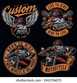 Custom motorcycle vintage labels with dangerous eagle bikers in moto helmet and goggles isolated vector illustration