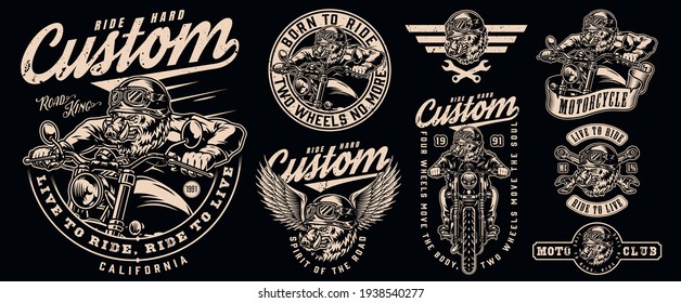 Custom Motorcycle Vintage Labels Set With Crossed Wrenches Angry Wild Boar Bikers Riding Motorbikes And Ferocious Hog Heads In Moto Helmets And Goggles Isolated Vector Illustration