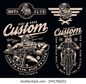 Custom motorcycle vintage labels set with dangerous eagle motorcyclists crossed spanners and angry falcon heads in moto helmets and goggles isolated vector illustration