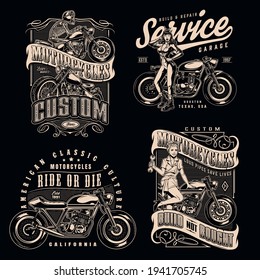 Custom motorcycle vintage labels with skeleton biker riding motorbike pretty women holding wrenches and standing near moto bikes isolated vector illustration