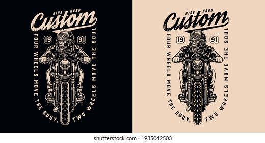 Custom motorcycle vintage monochrome badge with aggressive gorilla biker in moto helmet goggles and jacket riding motorbike isolated vector illustration