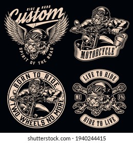Custom motorcycle vintage monochrome designs with angry tiger bikers and moto repair service labels and badges isolated vector illustration
