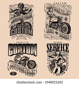 Custom motorcycle vintage monochrome designs with skeleton and girl bikers motorbike garage repair service emblems and labels isolated vector illustration