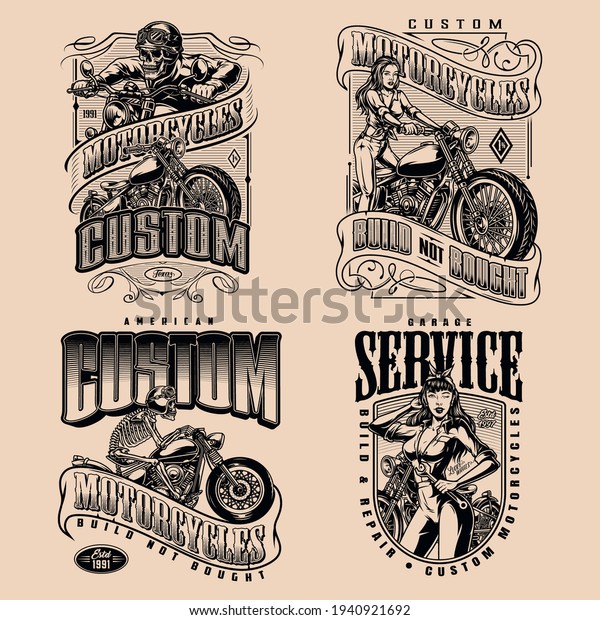 Custom Motorcycle Vintage Monochrome Designs Skeleton Stock Vector ...