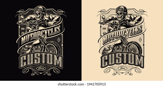 Custom motorcycle vintage monochrome emblem with classic motorbike and skeleton biker riding motorcycle isolated vector illustration