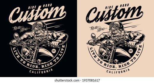 Custom motorcycle vintage monochrome label with inscriptions and angry eagle moto rider on dark and light backgrounds isolated vector illustration