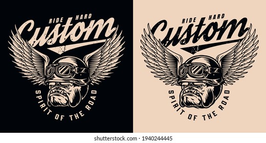 Custom motorcycle vintage monochrome label with dangerous angry bulldog head in goggles and moto helmet with eagle wings isolated vector illustration