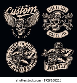 Custom motorcycle vintage monochrome labels with crossed spanners skeleton bikers riding motorbikes skull in moto helmet goggles and eagle wings isolated vector illustration