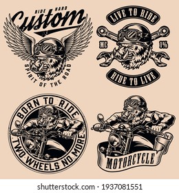 Custom motorcycle vintage monochrome prints with ferocious wild boar moto riders on light background isolated vector illustration
