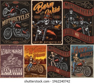 Custom motorcycle vintage posters with beautiful biker girls pretty woman in uniform with wrench skeleton moto riders in helmets and goggles vector illustration