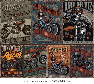 Custom motorcycle vintage posters collection with skeleton motorcyclists classic motorbikes and pretty tattooed biker girl holding spanner vector illustration