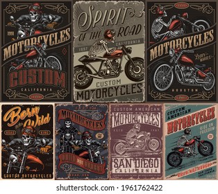 Custom motorcycle vintage posters with inscriptions skeleton moto riders and bikers vector illustration