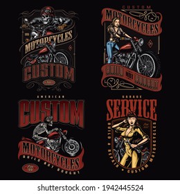 Custom motorcycle vintage prints with letterings skeleton and girl bikers pretty winking woman in uniform holding wrench isolated vector illustration