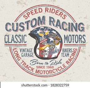 Custom motorcycle vintage racing helmet vector print for boy t shirt with patches applique grunge effect in separate layer