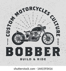 Custom motorcycles bobber hand draw vector art. Vintage, lettering light rays.
